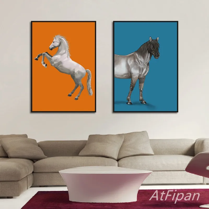

Wall Art Home Two Horses Decor Orange Blue Painting Canvas Prints Poster Modern Picture For Living Room Bedroom Home Decor