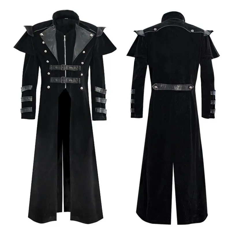 

Men Medieval Steampunk Assassin Cosplay Costume Victorian Monk Gothic Black Long Coat Vintage Pirate Velet Overcoat S-3XL