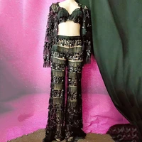 black sequins tassel pants suit mesh gauze long sleeve ladies nightclub performance dance show wear party evening costume