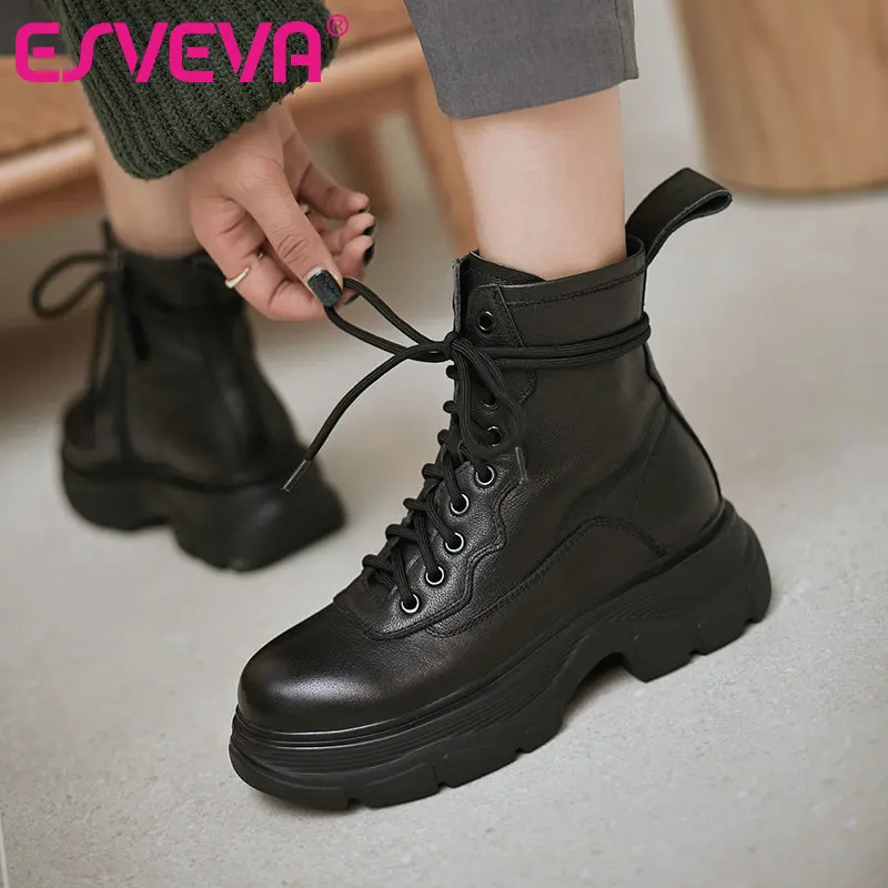 

ESVEVA 2021 Cow Leather Ankle Boots Ankle Boots Autumn Winter Lace Up Zipper Ladies Round Toe Square Heel Women Shoes Size 34-41