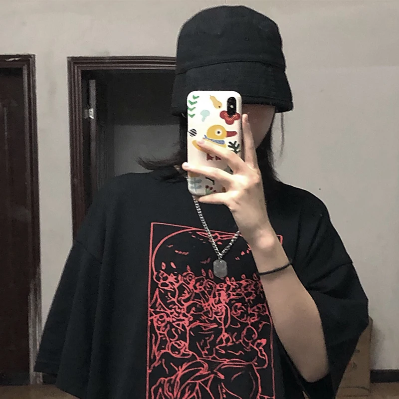 Черная Женская футболка в стиле панк Харадзюку уличная одежда свободные топы