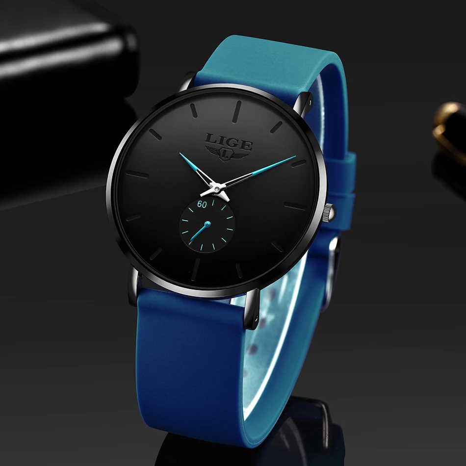 

2020 LIGE Luxury Men Watch Fashion Minimalist Blue Ultra-thin Silicone strap Watch Casual Waterproof Men Wristwatch Gift for Men