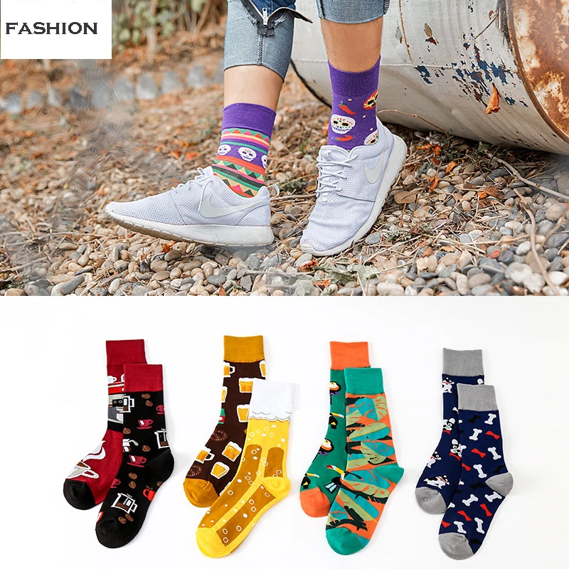 

4 pair Novelty Lovers Socks AB Matching Socks Unisex Different Design Combinations Funny Cotton Long socks Gifts for Friend