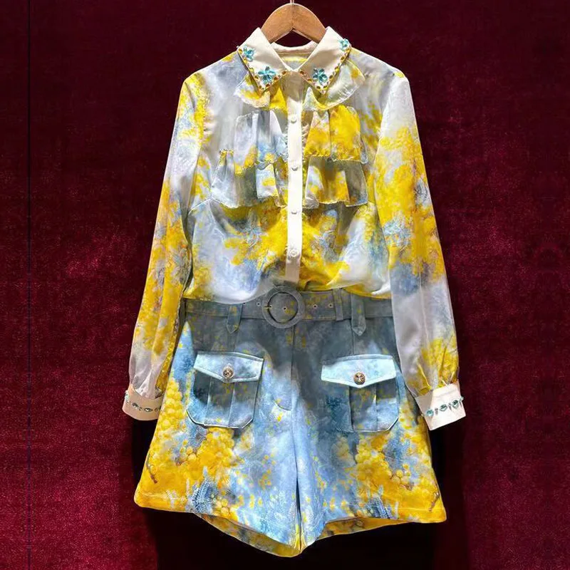 

ZALady Designer Shirt And Shorts Set Women Aesthetic Printed Ruffles Long Sleeve Casual Diamond Blouses Shorts Plus Size 2XL