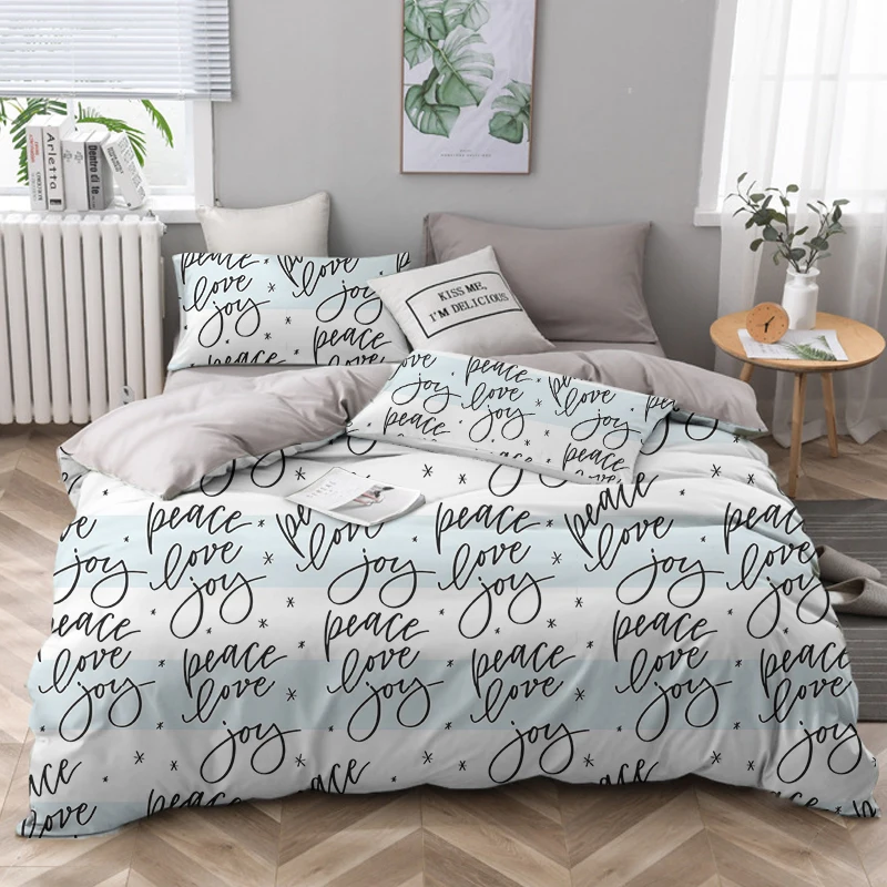 

oentyo Love Words Printed Solid Bedding Sets Home Bedding Set High Quality Lovely Pattern Pillowcase Microfiber Duvet Cover