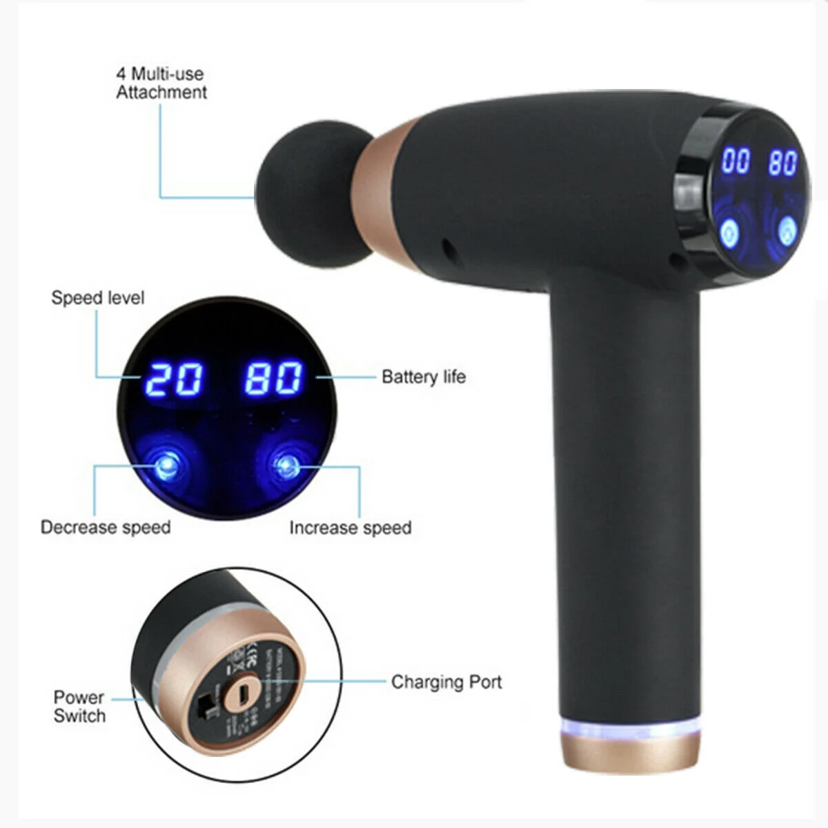 Массажный пистолет для мышц с сенсорным экраном 8 насадок ЖК-дисплей 20 скоростей