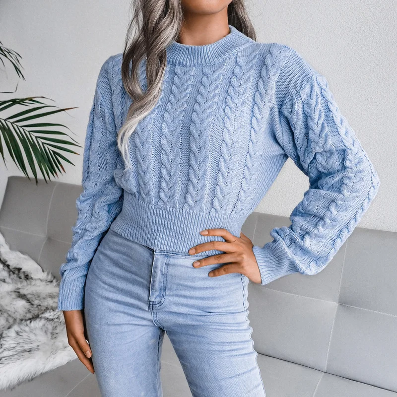 

Helisopus 2021 New Autumn Winter Twist Knitted Cropped Sweater Solid Color All-match Casual O-neck Jumpers Tops Women's Clothing