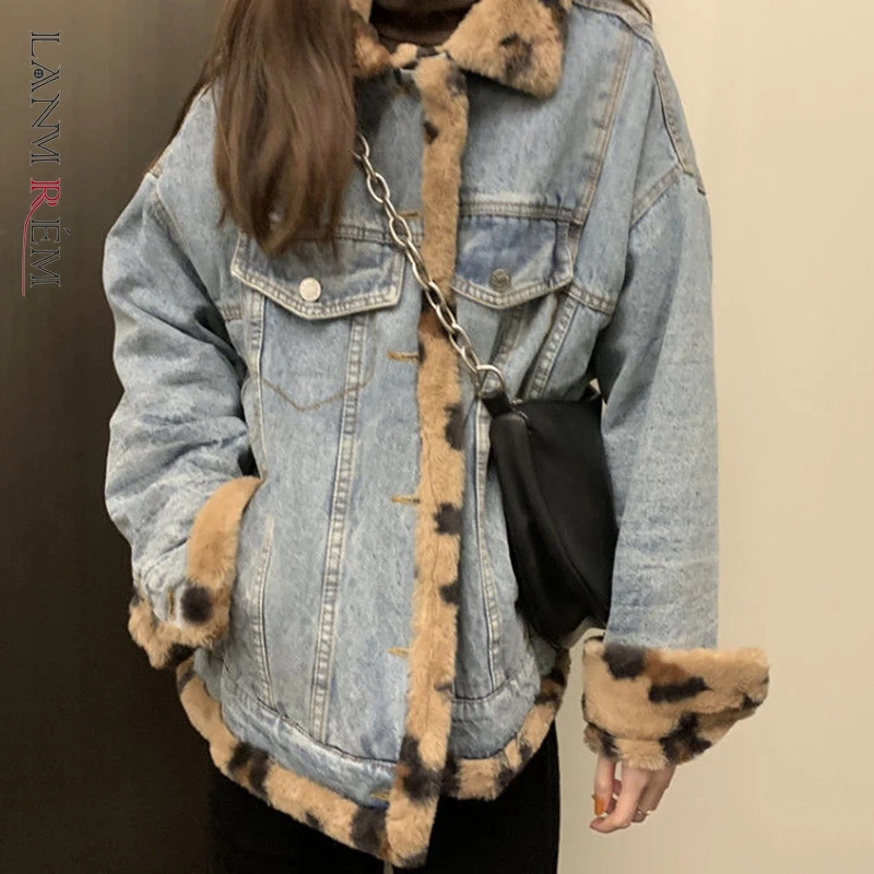

LANMREM 2022 Autumn Winter New Patchwork Leopard Denim Jacket Female Long Sleeev Two-sided Wear Outwear Women Fashion 2W1888