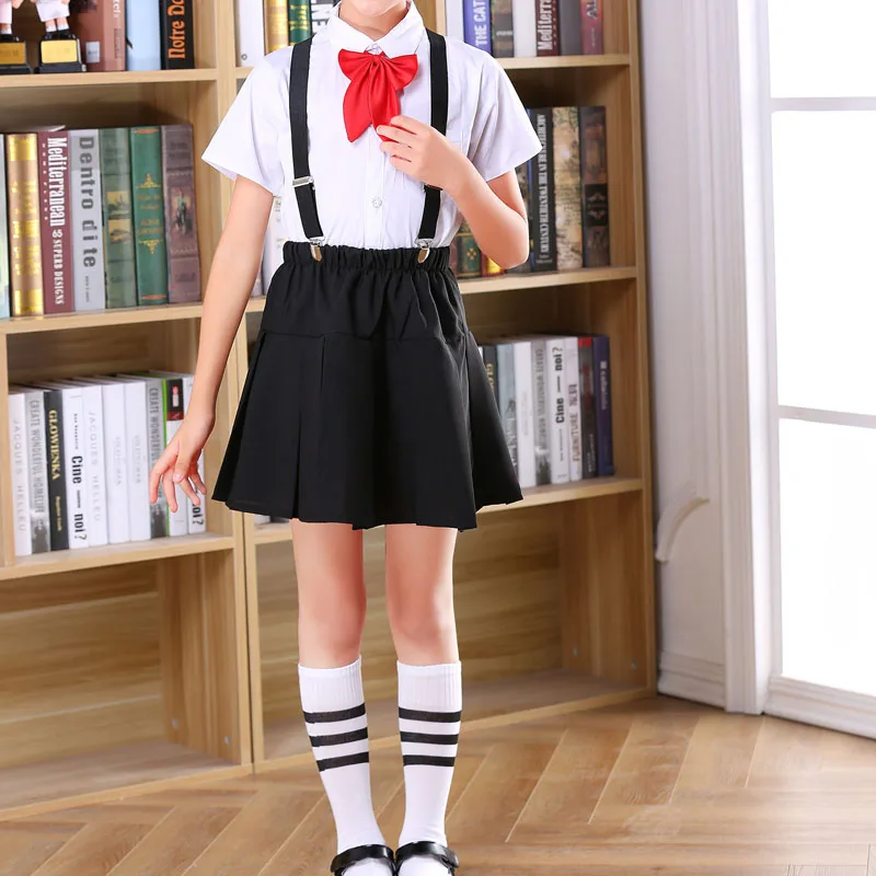 Girls black set Комплект одежды для детей ростом от 100 до 170 см, Топы+ юбка+ ремень, школьная форма в клетку для девочек-подростков, костюмы для хора - Цвет: Girls black set