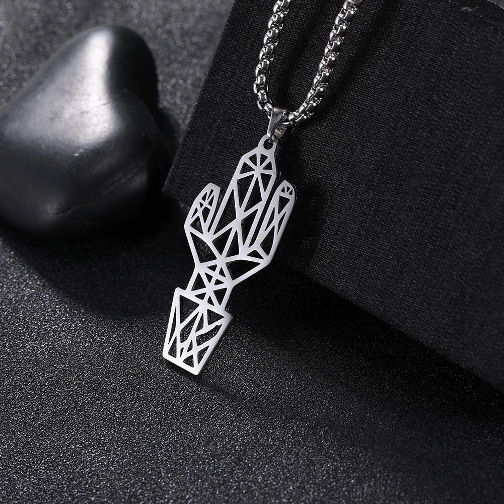 Skyrim Stainless Steel Cutout Cactus Pendant Necklace Simple Statement Long Box Chain Necklaces Jewelry Gift for Women Men | Украшения и