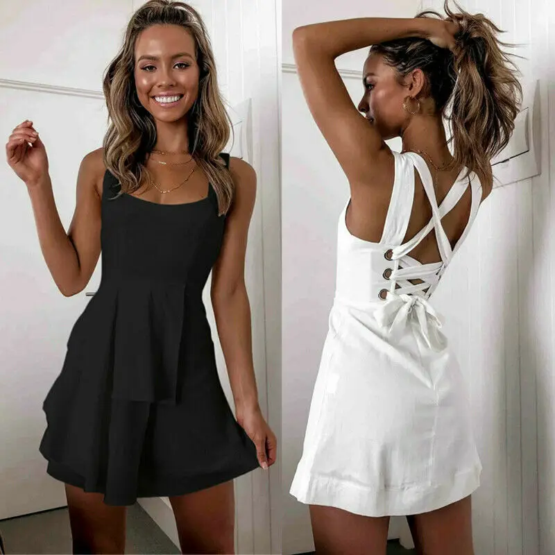 Пляжное мини-платье с открытой спиной в стиле бохо без рукавов праздничный