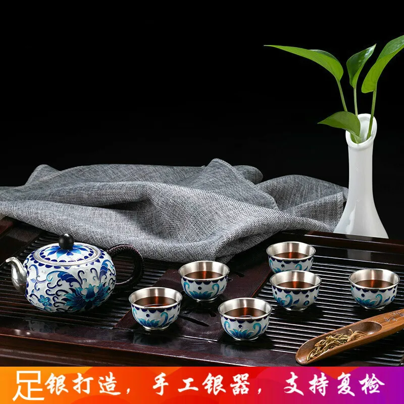 

Cloisonne Sterling Silver Tea Set Office Kung Fu Tea Set Complete Set