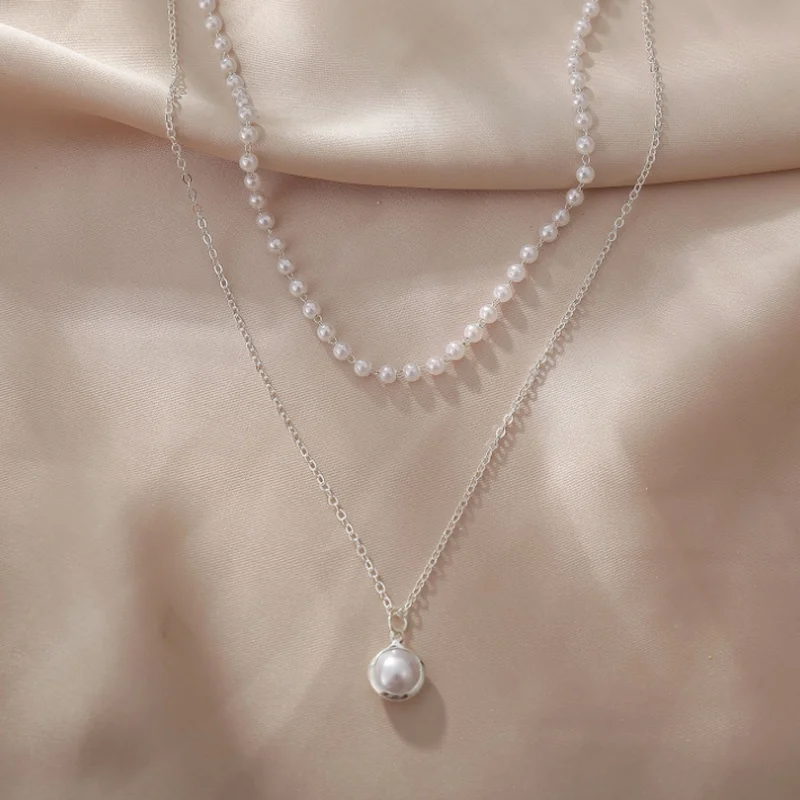 

2021 New Fashione Double Pearl Necklace Chocker Geometric Clavicle Female Chain Jewelry