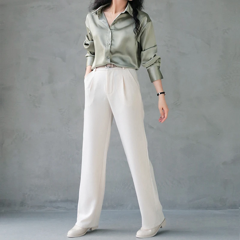 Женская белая атласная рубашка элегантная офисная блузка на пуговицах с длинным