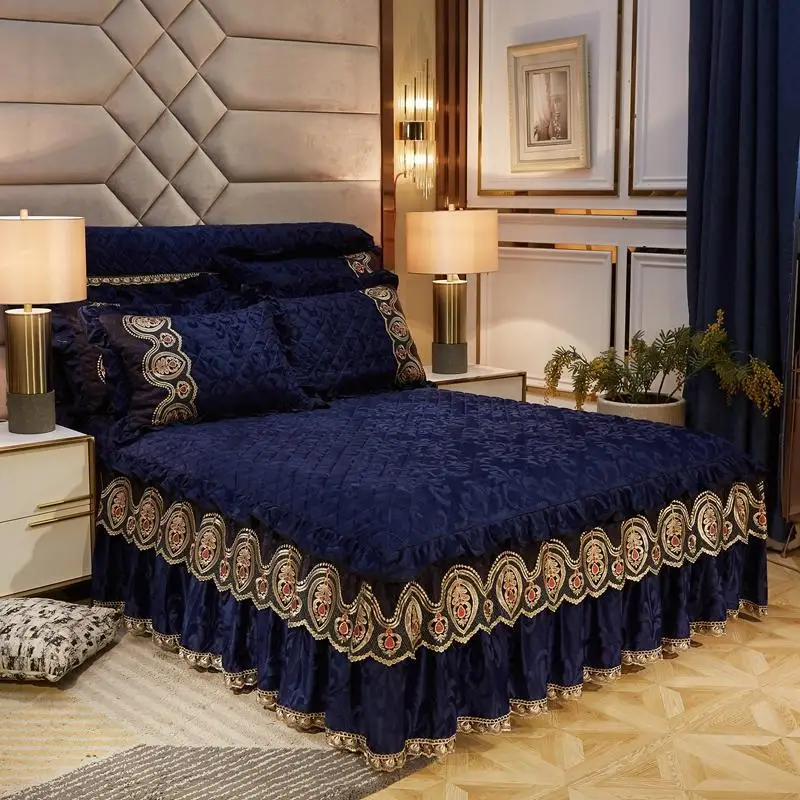 

3 Pcs Thicken Home Bed Sheet Plush Luxury Bed Skirt Velvet Warm Soft Flat Bed Sheet Queen King Lace BedSpreads Bed Sheet Set