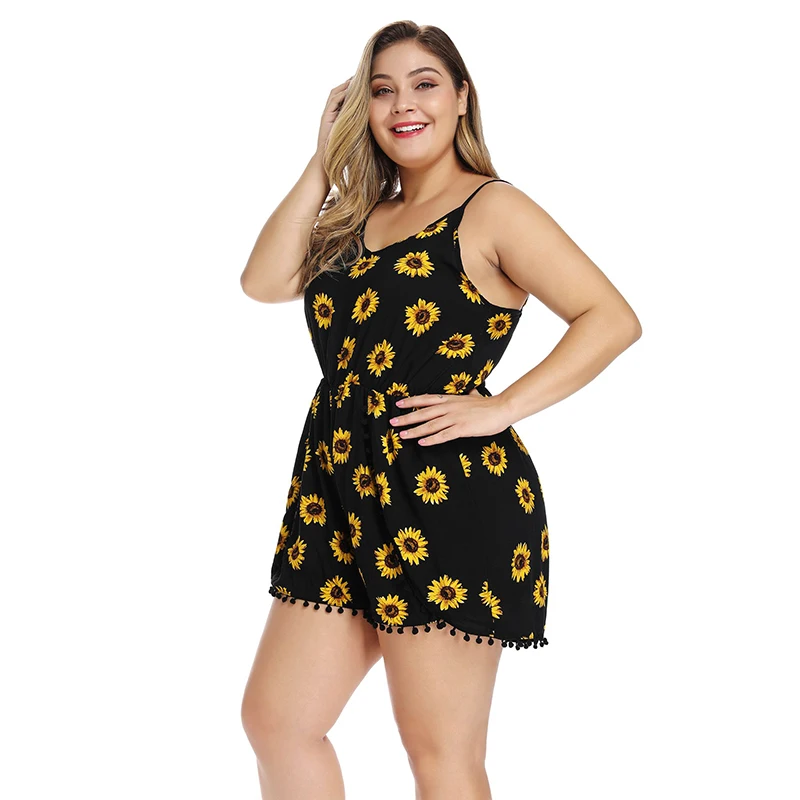 

plus size 4XL hawaiian style beach playsuits women sunflower pattern combinaison femme sling playsuit bodysuits girl