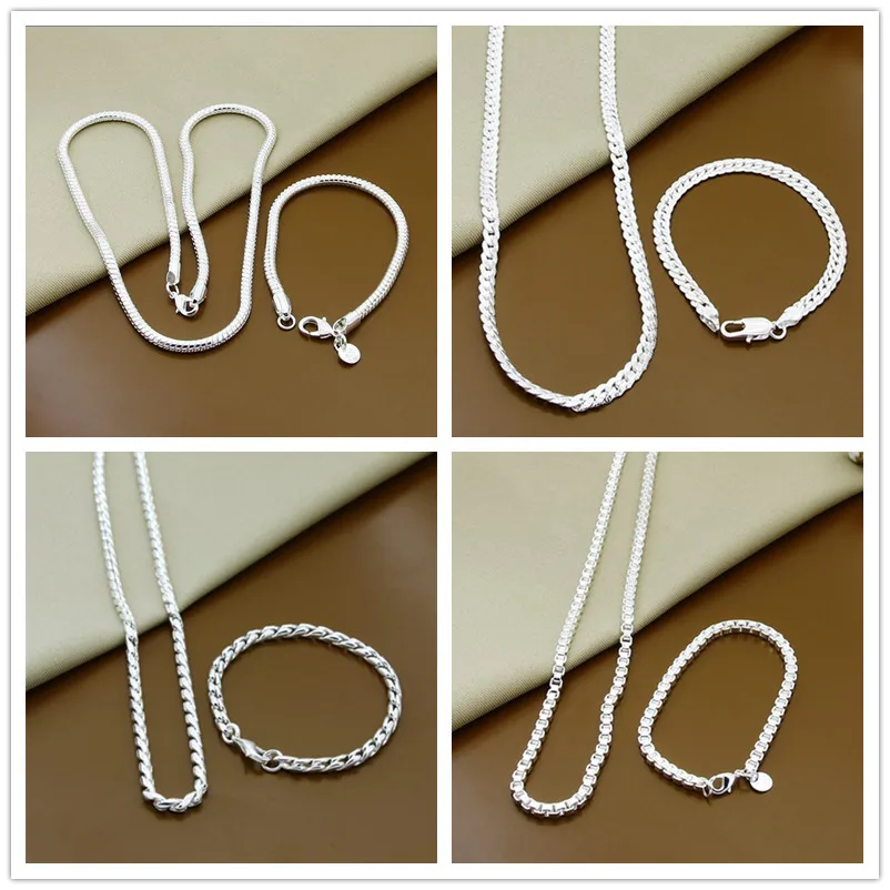 

925 Sterling Silver Snake Chain Bracelet Necklace For Women Men Brand Sets Fashion Charm Jewelry Gift
