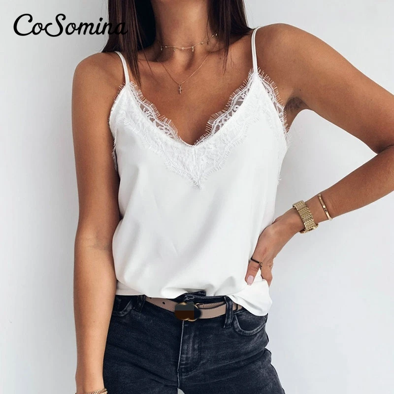 

CoSomina Sexy Spaghetti Strap Cami Tops Women Elegant Lace Hem Female Summer Tops Solid Casual 2021 Ladies Camisole Prty Tops