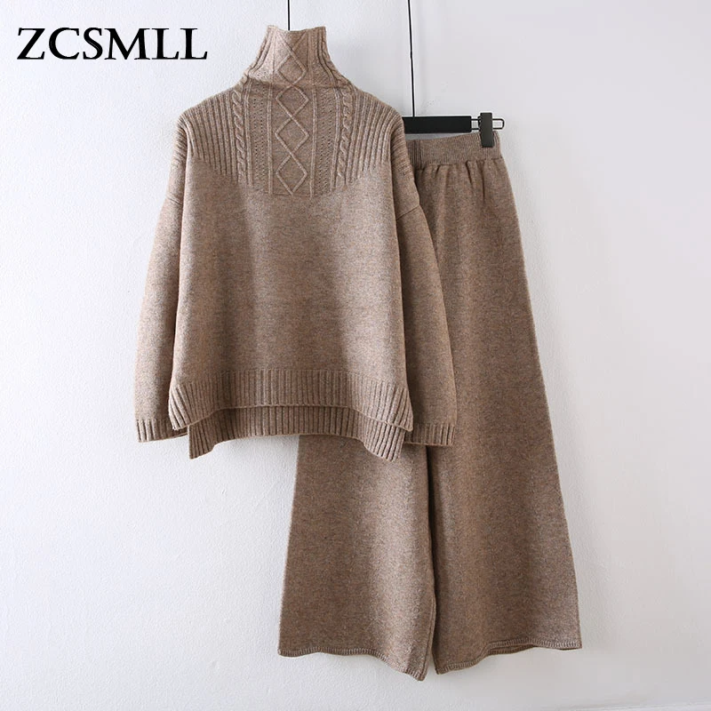 

ZCSMLL 2021 Winter New Female High Neck Split Knitted Sweater Top And Wide Leg Pants Two Piece Set Women's Fashion TH723