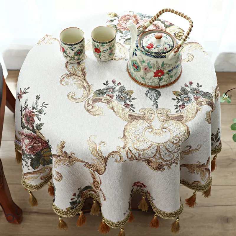 Благородная синяя бежевая маленькая круглая скатерть прямоугольная жаккардовая