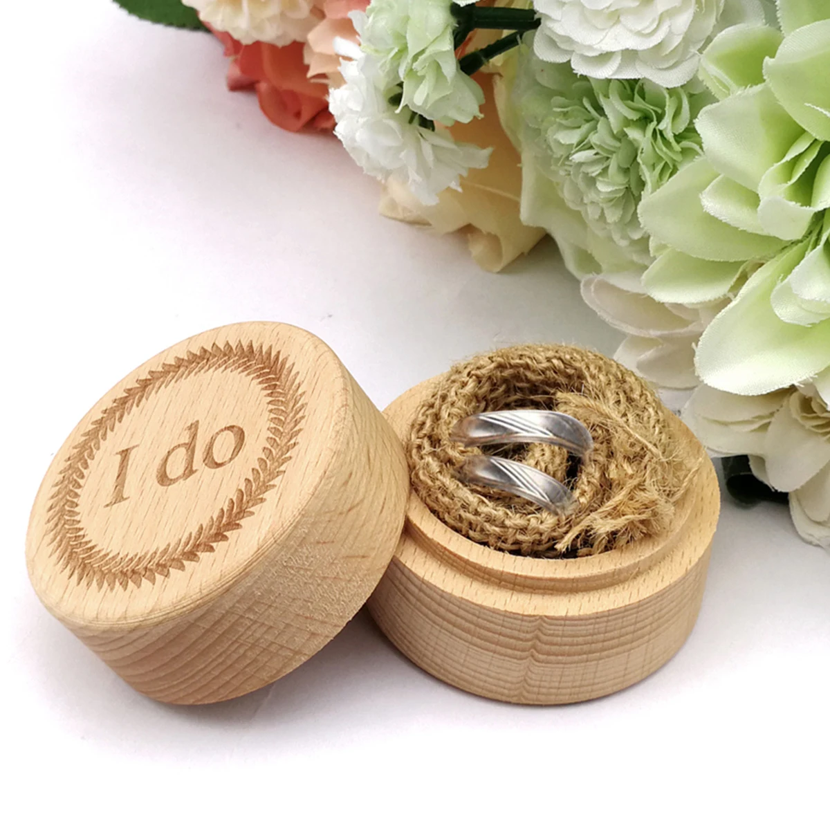 Винтаж деревянная круглая коробочка для кольца свадьбы Обручение деревенский