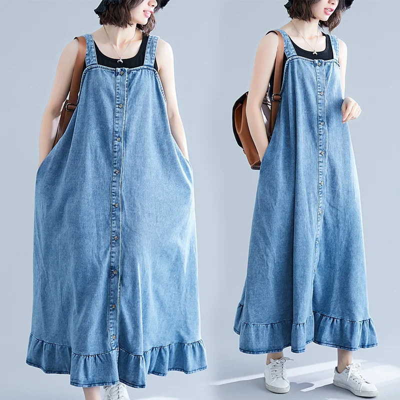 Suspenders Jean Dresses Ladies Loose Maxi Denim Dress Plus Size flare overall dress Baggy Cowboy Vintage Button Female Vestidos | Женская