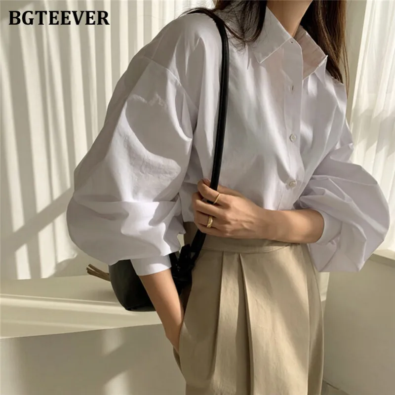 

BGTEEVER Elegant Lapel Single-breasted Women Shirts Blouses Casual Lantern Sleeve Loose Female Tops 2021 Spring Summer New