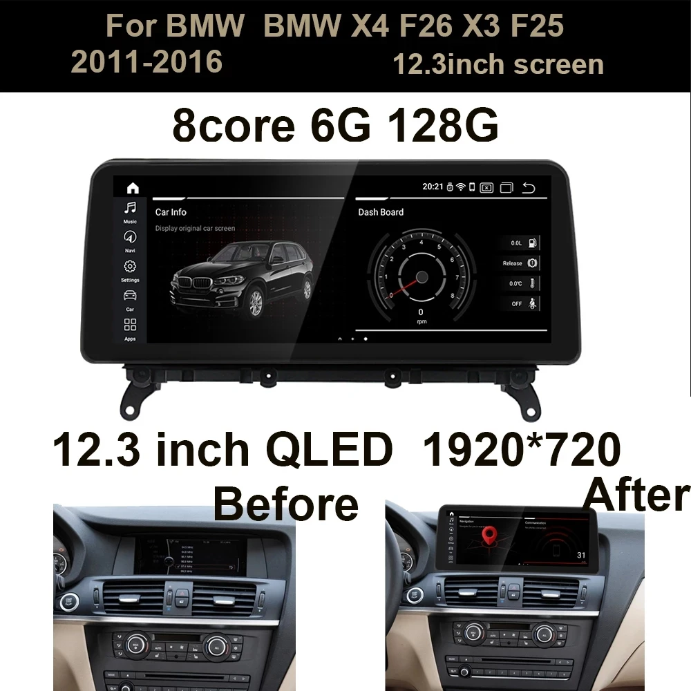 

12.3 Inch Android 11.0 1920*720P Car Multimedia Player Navigation Carplay + Auto For BMW X3 F25 / X4 F26 CIC NBT System 12.3 Inc