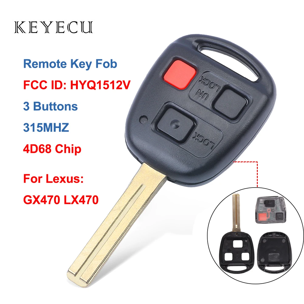 

Keyecu Car Remote Key Fob 3 Buttons 315MHz with 4D68 Chip for Lexus GX470 LX470 2003 2004 2005 2006 2007 2008, FCC ID: HYQ1512V