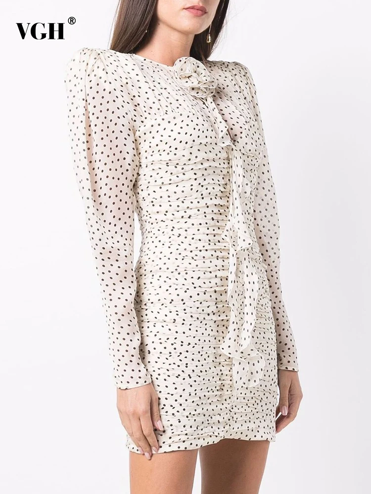 

VGH Casual Polka Dot Dress For Women Round Neck Loose Long Sleeve Patchwork Folds Mini A Line Dresses Female 2021 Autumn Clothes