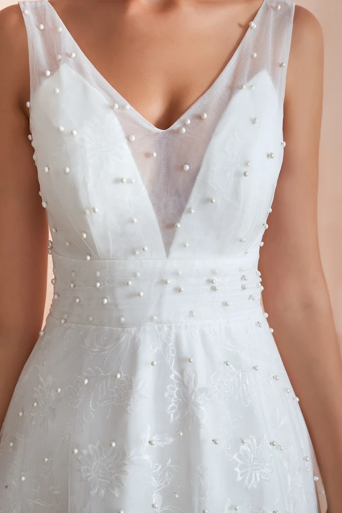 Boho Wedding Dresses Beach A Line Pearl Lace V Neck Lace Simple Bride Gown Sleeveless Walk Beside You abiti sposa