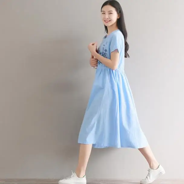 Mori Girl Summer Women Floral Dress Wine Red White Blue Cotton Linen Vestidos Short Sleeve Embroidery Midi AE756 | Женская одежда