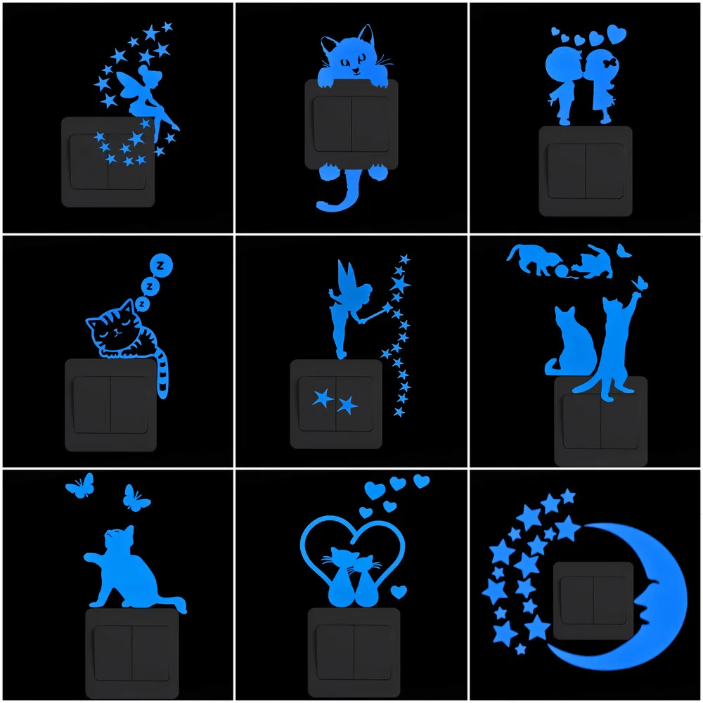 

Light Switch Sticker Luminous Wall Stickers Cartoon Glow in the Dark Sticker Decal for Kids Room Decoration Home Decor Cat Fairy