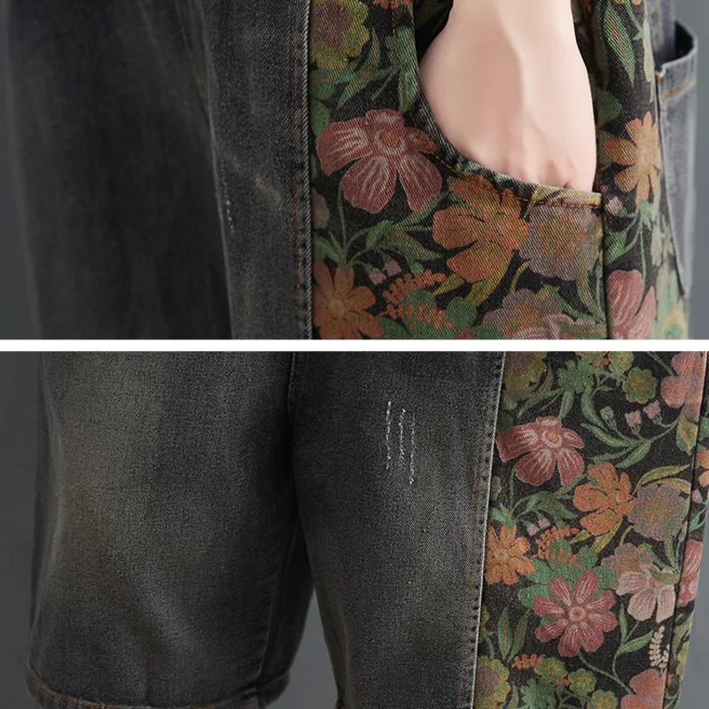 

#1574 Spaghetti Strap Denim Playsuits Women Summer Vintage Wide Leg Jumpsuits Loose Floral Print Denim Overalls For Women Retro