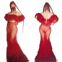 sexy see through mesh red feathers long dress women evening celebrity party off shoulder mermaid dresses singer stage costume