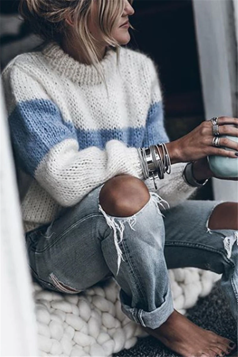 2019 осенний и зимний вязаный свитер Модный повседневный женский в полоску теплый