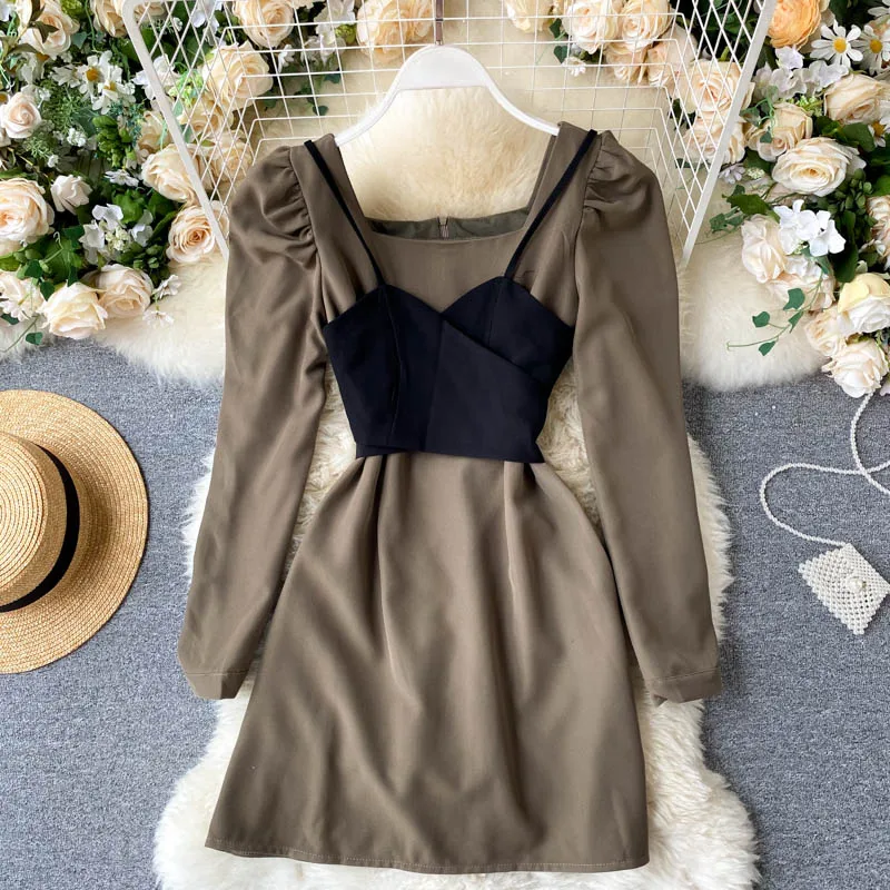 Осеннее ретро платье с квадратным воротником Женские приталенные платья длинным