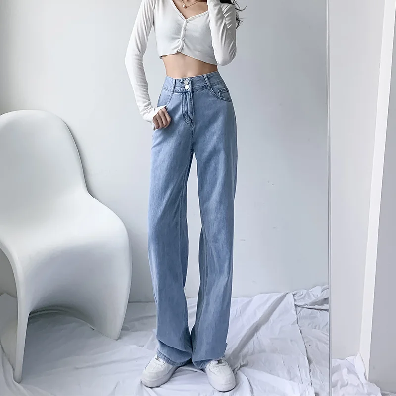 

Женские джинсы с широкими штанинами Осень новинка Ранняя осень с высокой талией облегающие брюки с драпировкой и эффектом швабры Ins