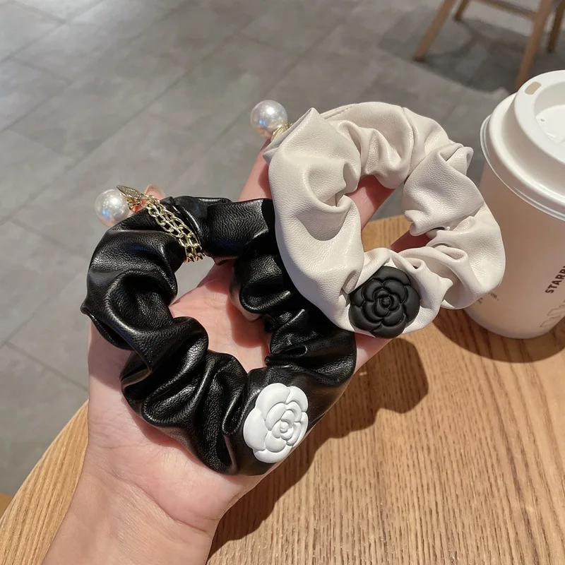 

Camellia PU Scrunchies for Women Girl Flower Floral Autumn Winter Hair Tie Elastic Bands Korean Accessories Handmade Wholesale
