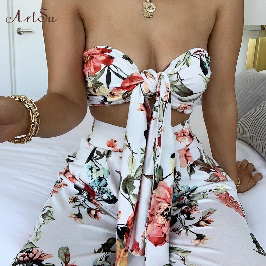 

Artsu 2020 New Floral Long Pants Sets Boho Match Set Women Maxi Wrap Cropped Tops Off Shoulder Sexy Party Club Clothes ASDR70194