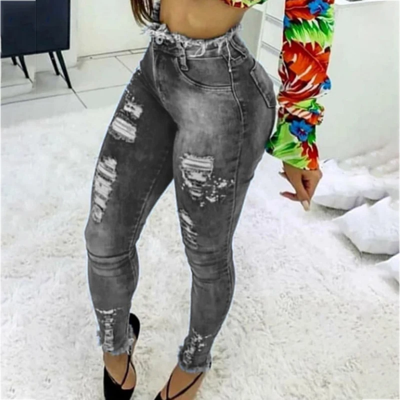 

Pencil Pants Women High Waist Denim Jeans Fashion Cotton Slim Hole tassel Jeans Zipper Blue Retro Washed Skinny Trousers