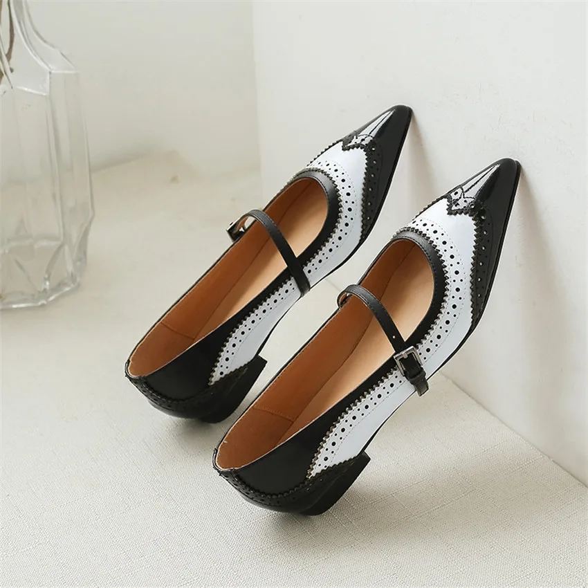

Exquisite pointed Toe French retro Women Single Shoes Genuine Leather Cowhide Carved Ladies Mary Janes Low Heels