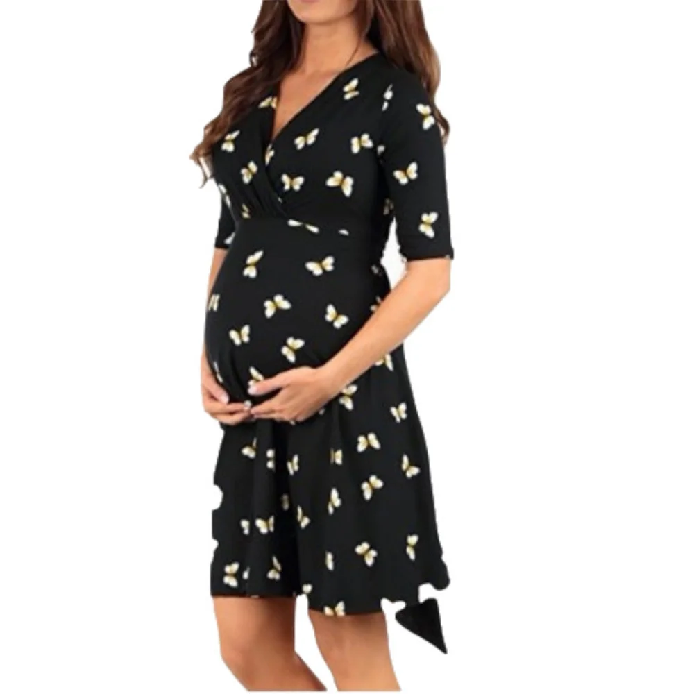 Women High-Low Surplice Wrap With Waist Belt Maternity Dress Adjustable V Neck Nursing Breastfeeding Pregnant Clothes | Мать и ребенок