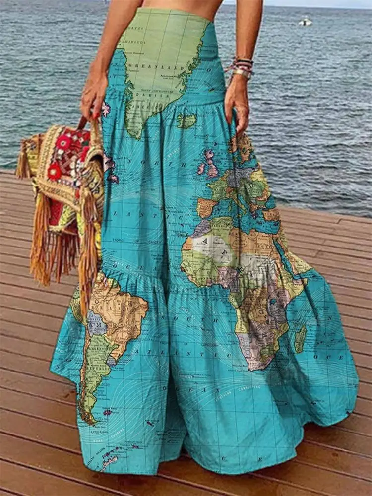

2021 Summer High Waist World Map Long Dress Women 3D Printing Tie-dye Vacation Skirts High Fashion Plus Size Skirts