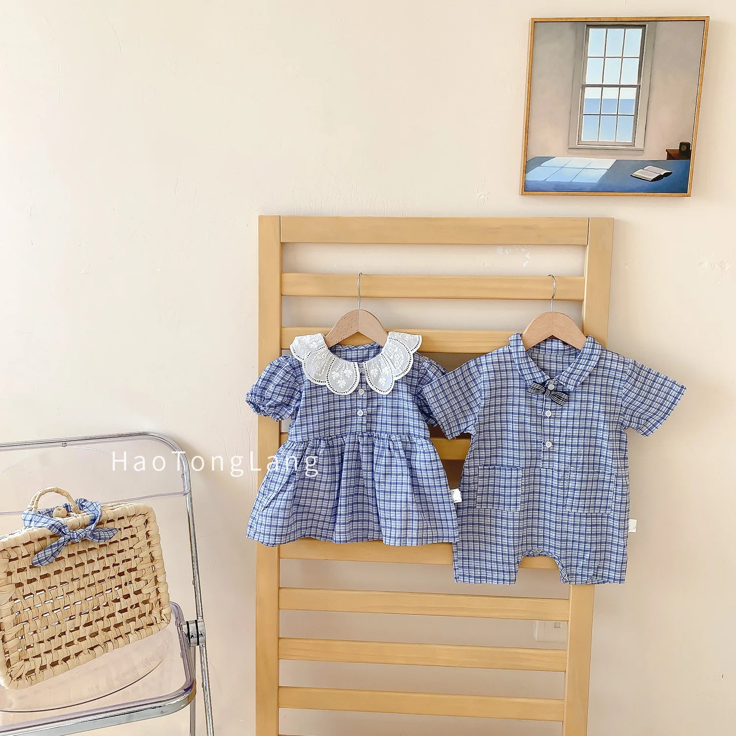 Детский комбинезон с коротким рукавом летний детский в клетку для брата и сестры