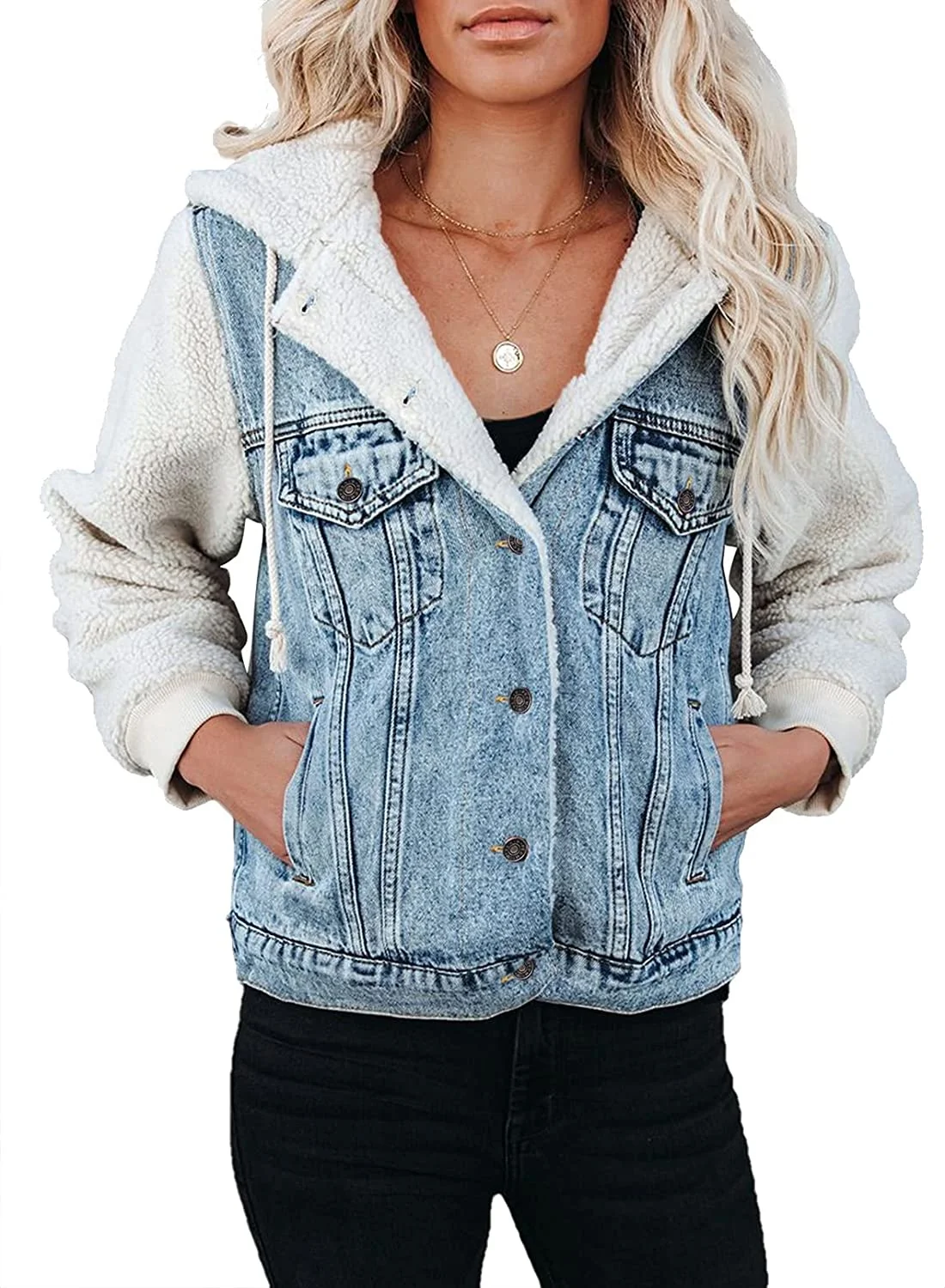

2021Womens Long Sleeve Button Up Denim Jackets Patchwork Fleece Hooded Coat with Pockets