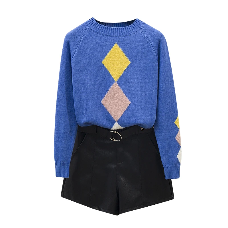 Women Design Jacquard Sweater Institute Style New Autumn Winter Korean Fashion Joker Loose Knitted Top PU Leather Shorts Sweet |