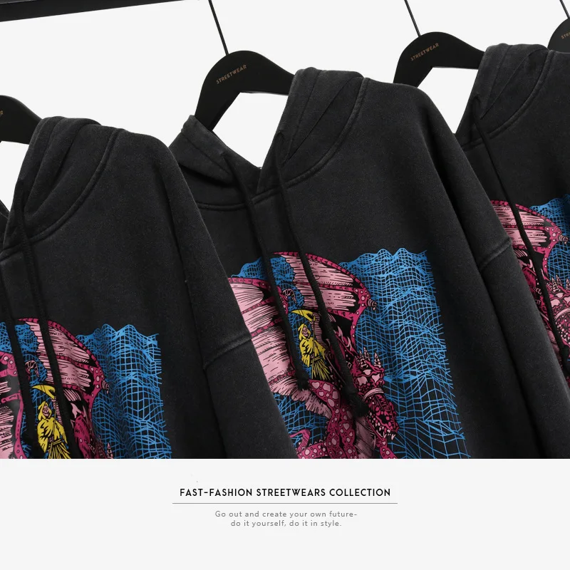 Хип Хоп Уличная мужская толстовка с принтом дракона Ретро Харадзюку С Капюшоном