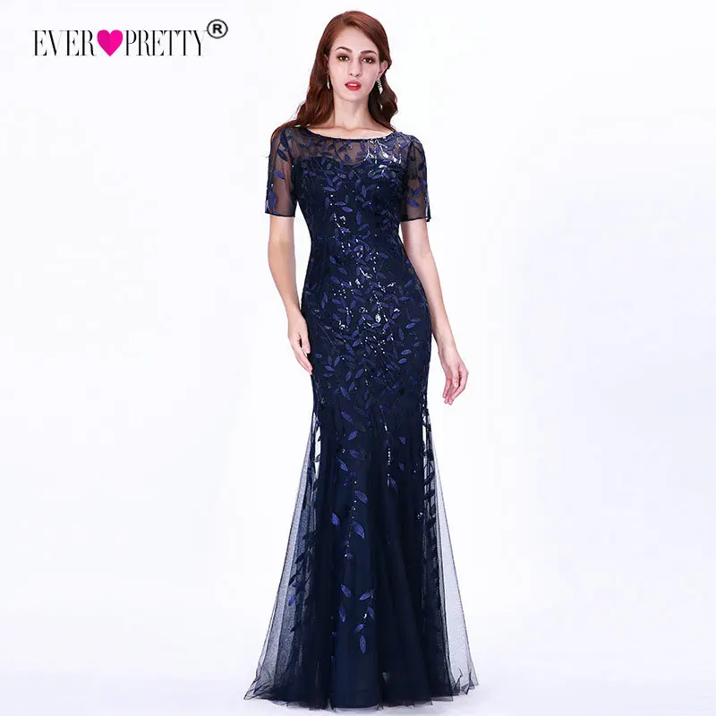 Формальные Вечерние платья Ever Pretty Новые Русалка o-образным вырезом с коротким рукавом Кружева Аппликации Тюль Длинные вечерние платья халат Soiree сексуальный