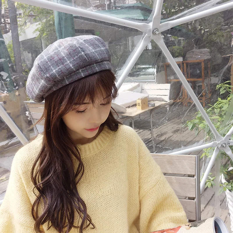 Ретро Британский клетчатый берет в клетку купольная шерстяная шапка женская